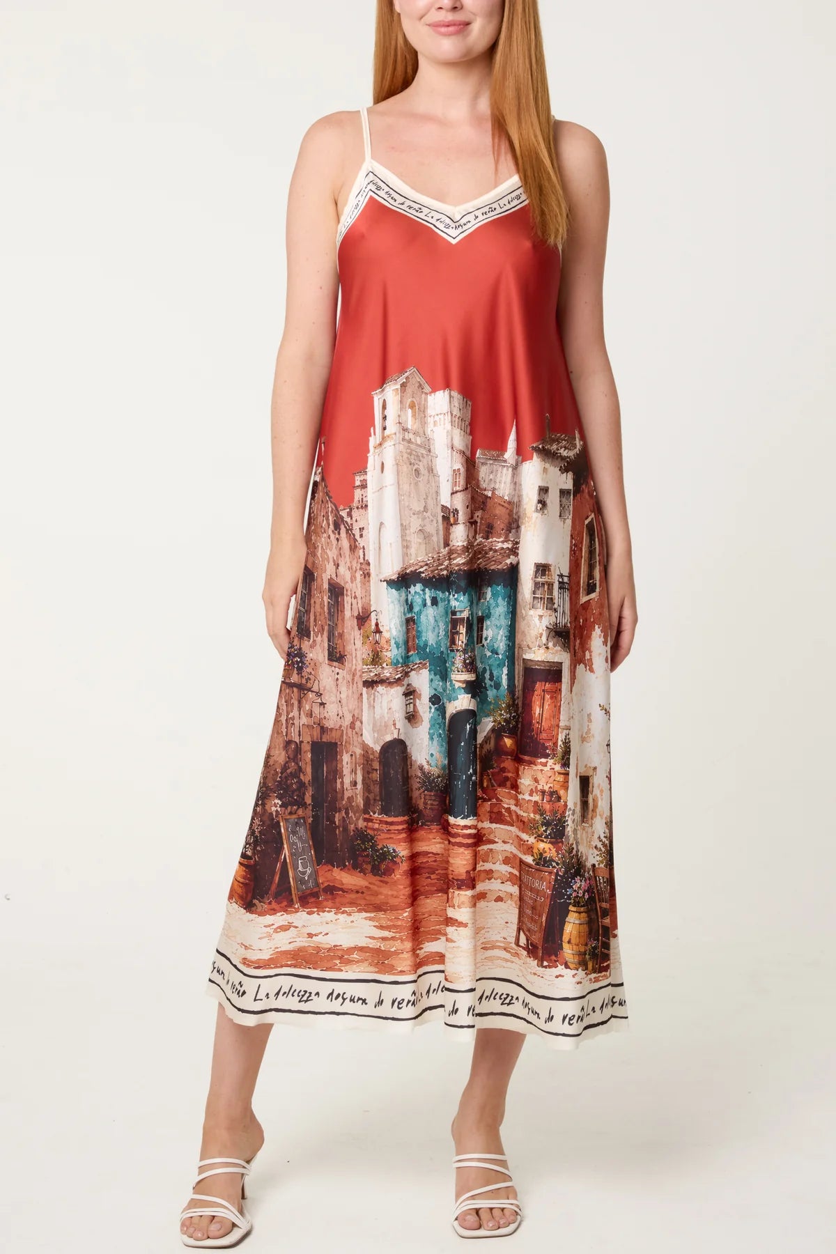 Satin Cami border dress in the shade of rust