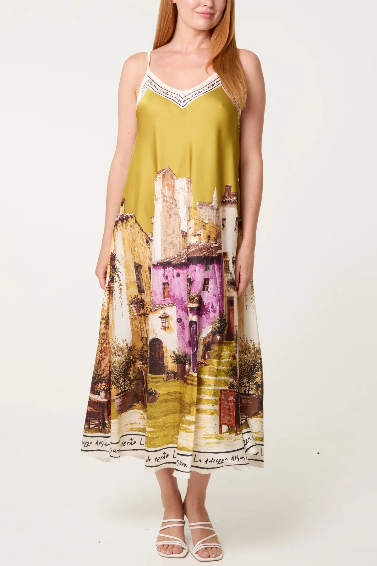 Satin Cami border dress on the shade of olive