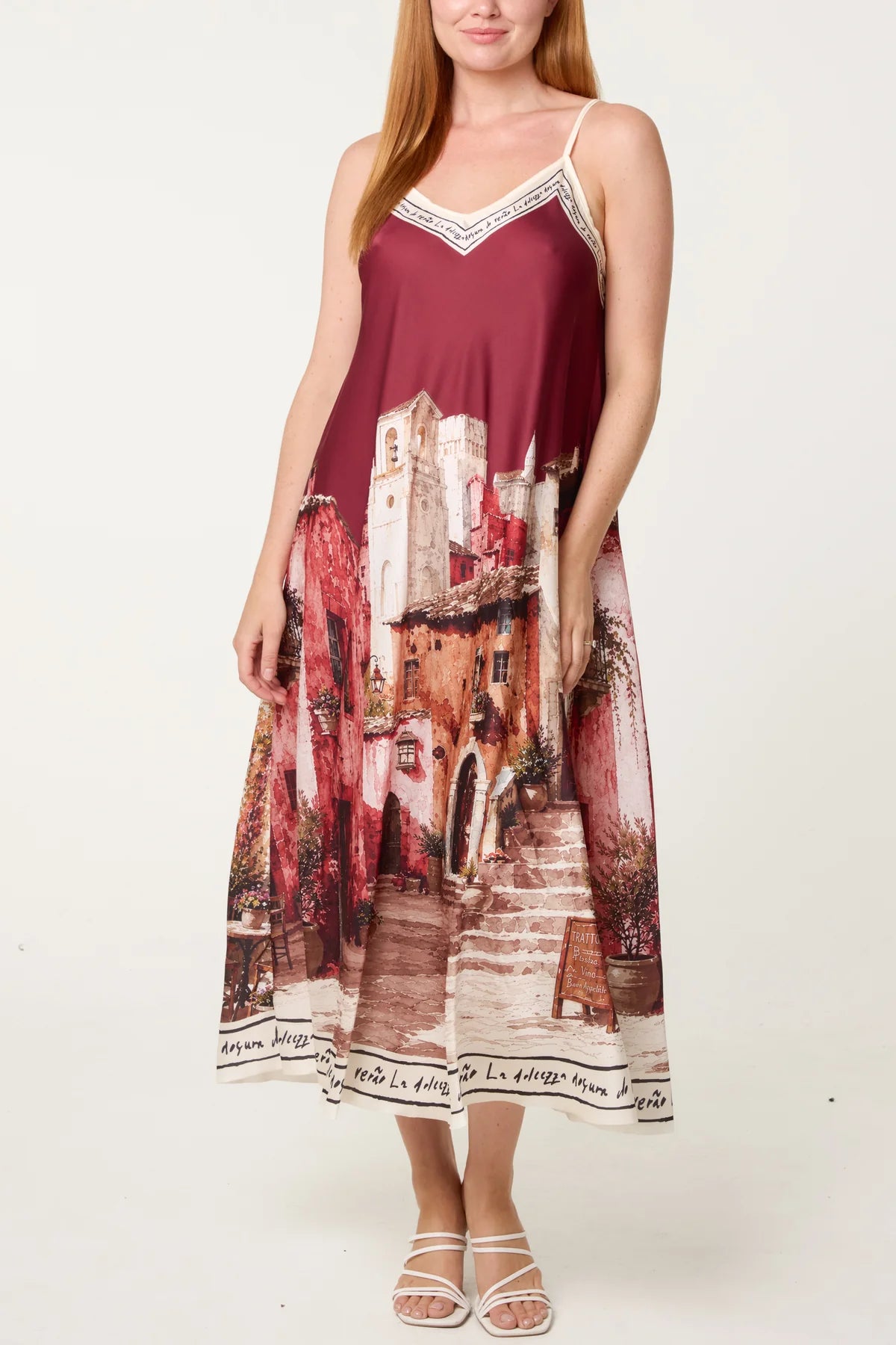 Satin Cami border dress shade of red wine