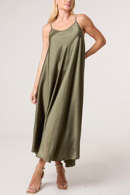 Strappy Satin Maxi Dress , khaki