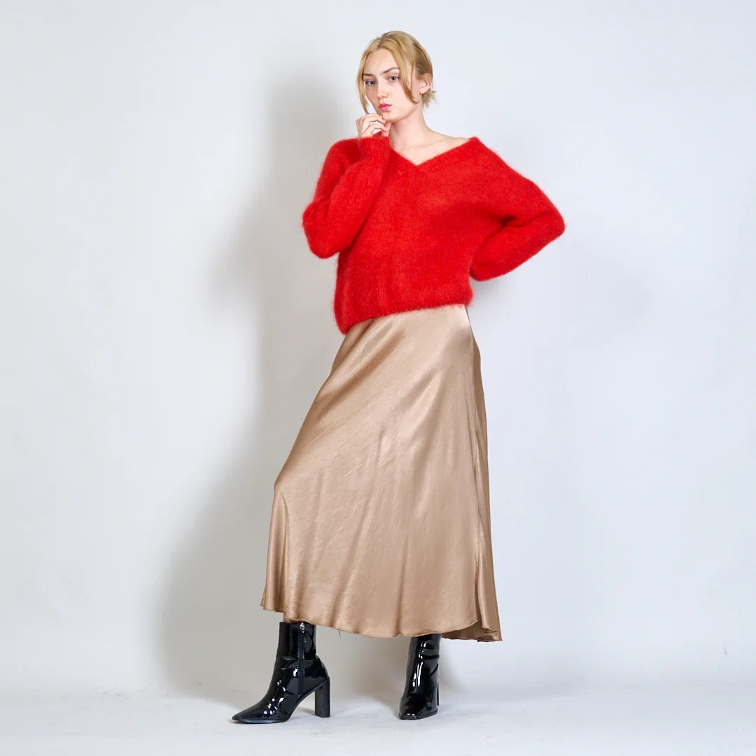 Mohair Jumper Sweater V-neck  Long Sleeves , red