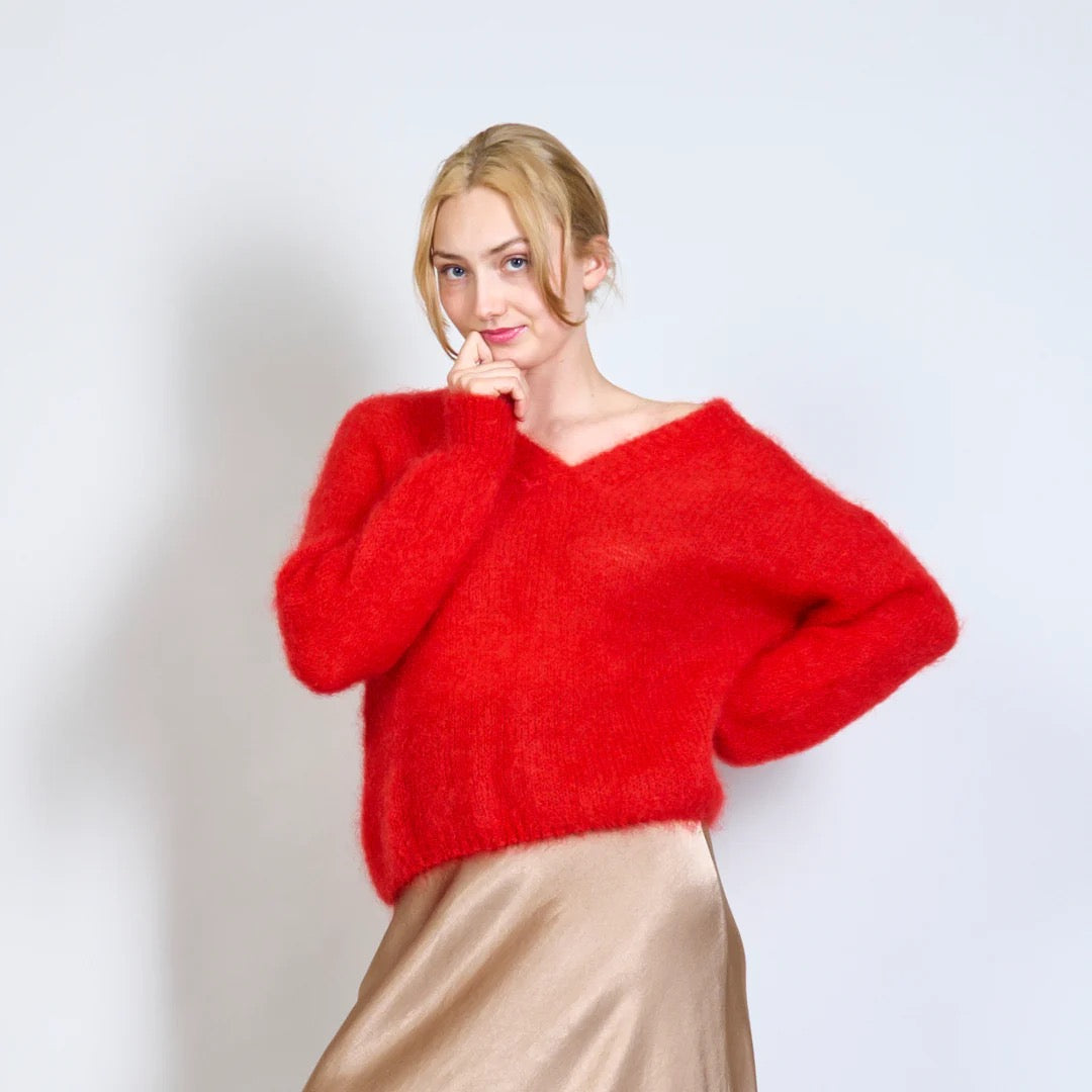 Mohair Jumper Sweater V-neck  Long Sleeves , red