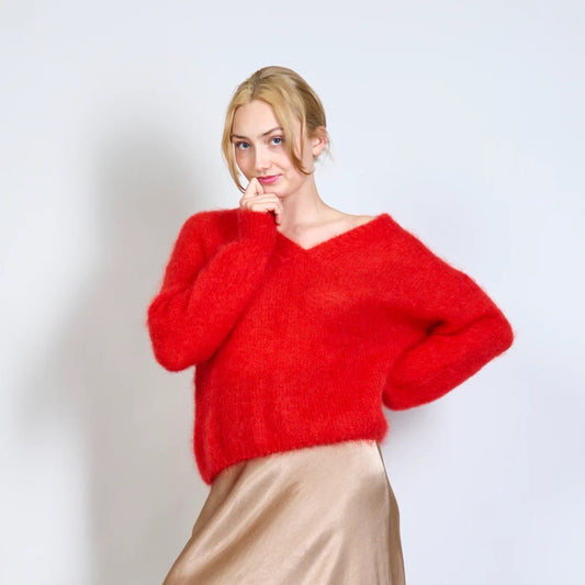 Mohair Jumper Sweater V-neck  Long Sleeves , red