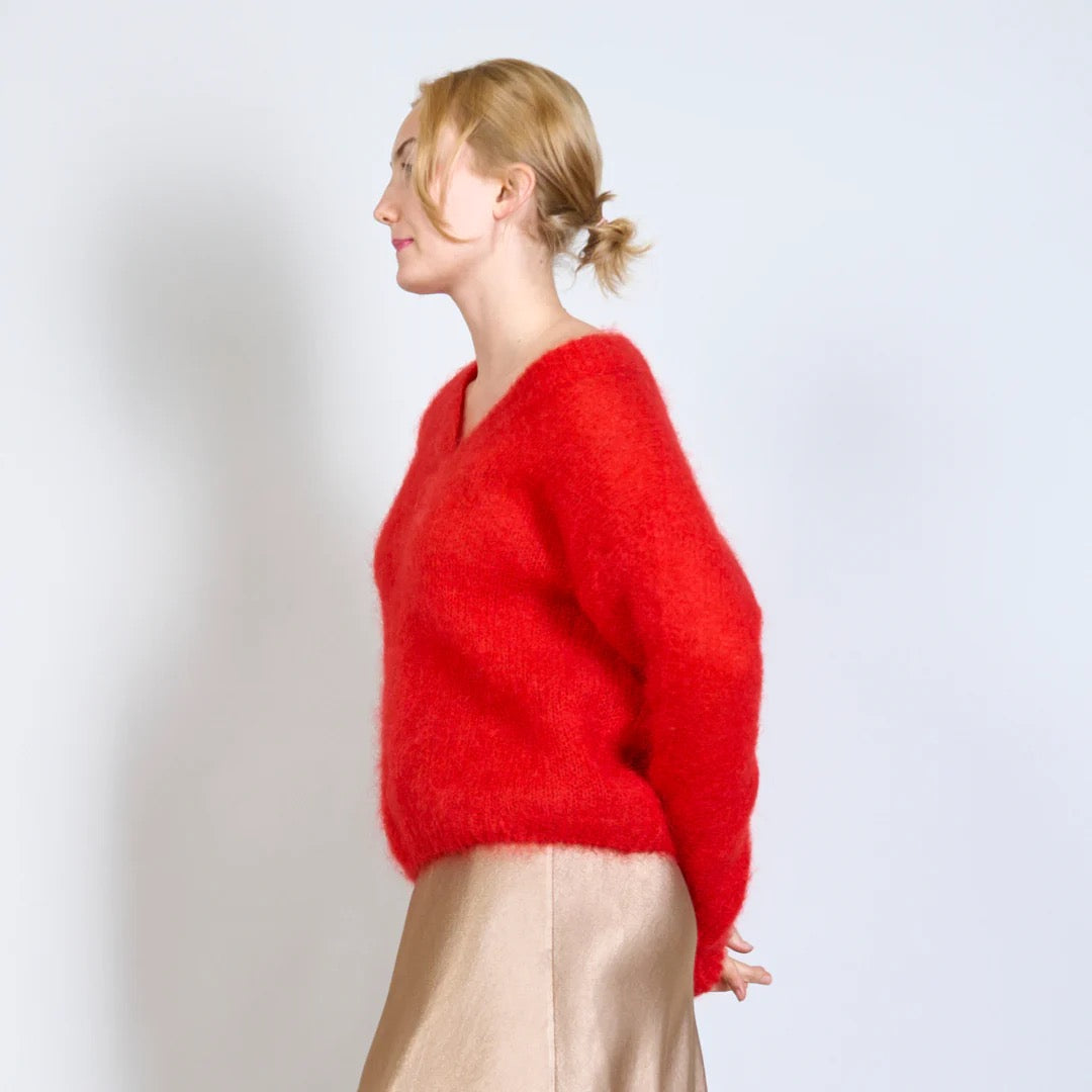 Mohair Jumper Sweater V-neck  Long Sleeves , red